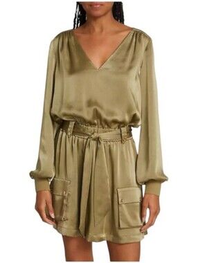 RAMY BROOK Kristi Dress Olive Green Satin Long Sleeve Size Large